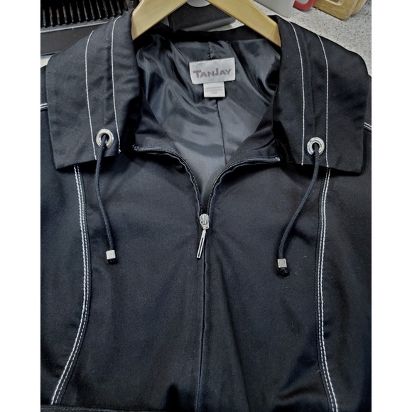Sz 16W Blk Woven Zip Up Jacket White Top Stitch TAN JAY Flap Pocket Big Collar - Picture 2 of 9